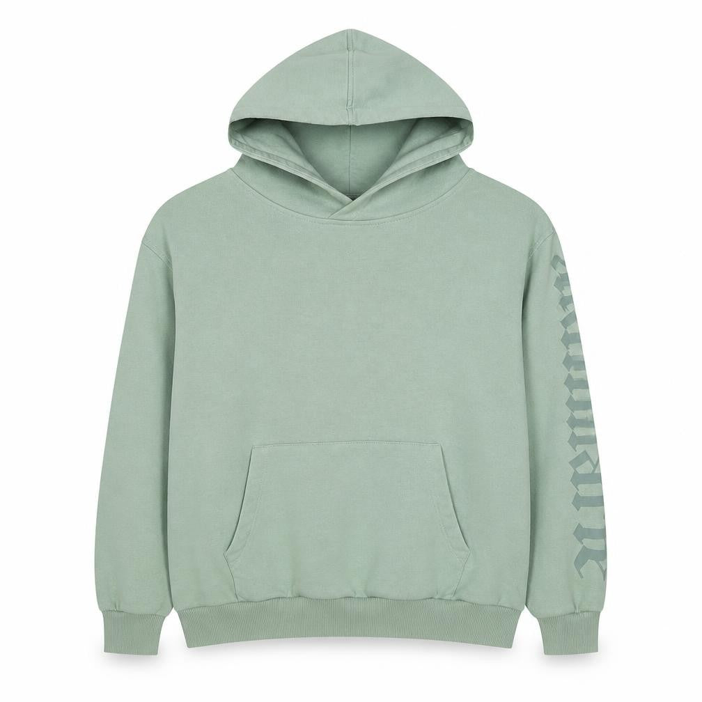 Front view of Sian Marie women’s green cotton pullover hoodie, size S, pullover