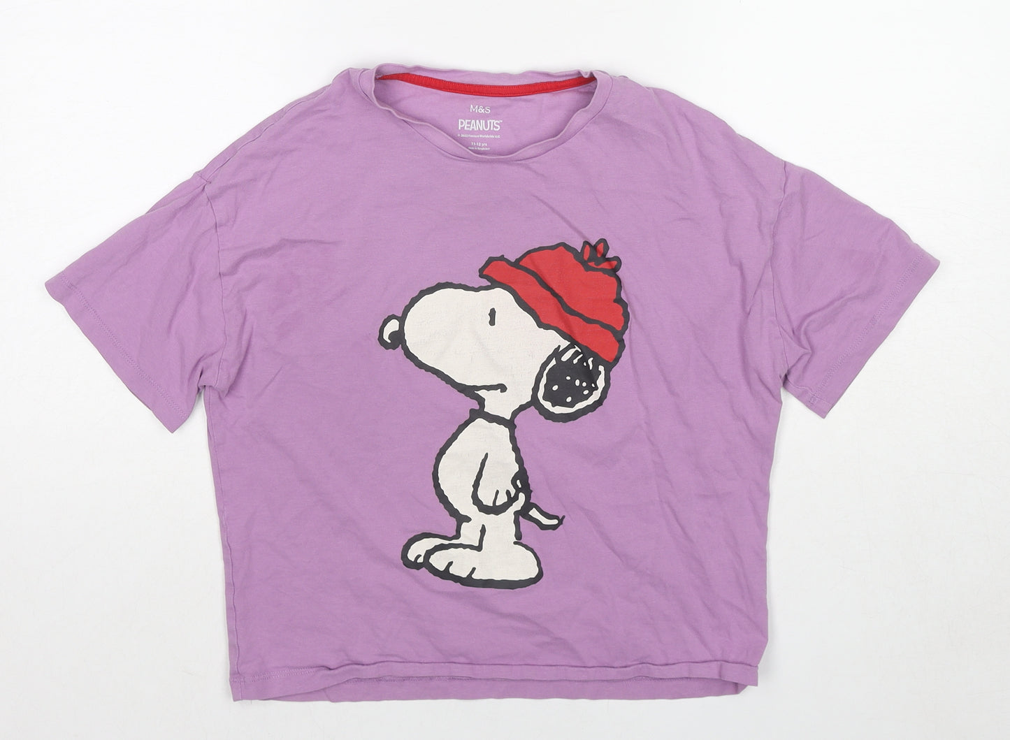 Marks and Spencer Girls Purple Cotton Basic T-Shirt Size 11-12 Years Crew Neck Pullover - Snoopy