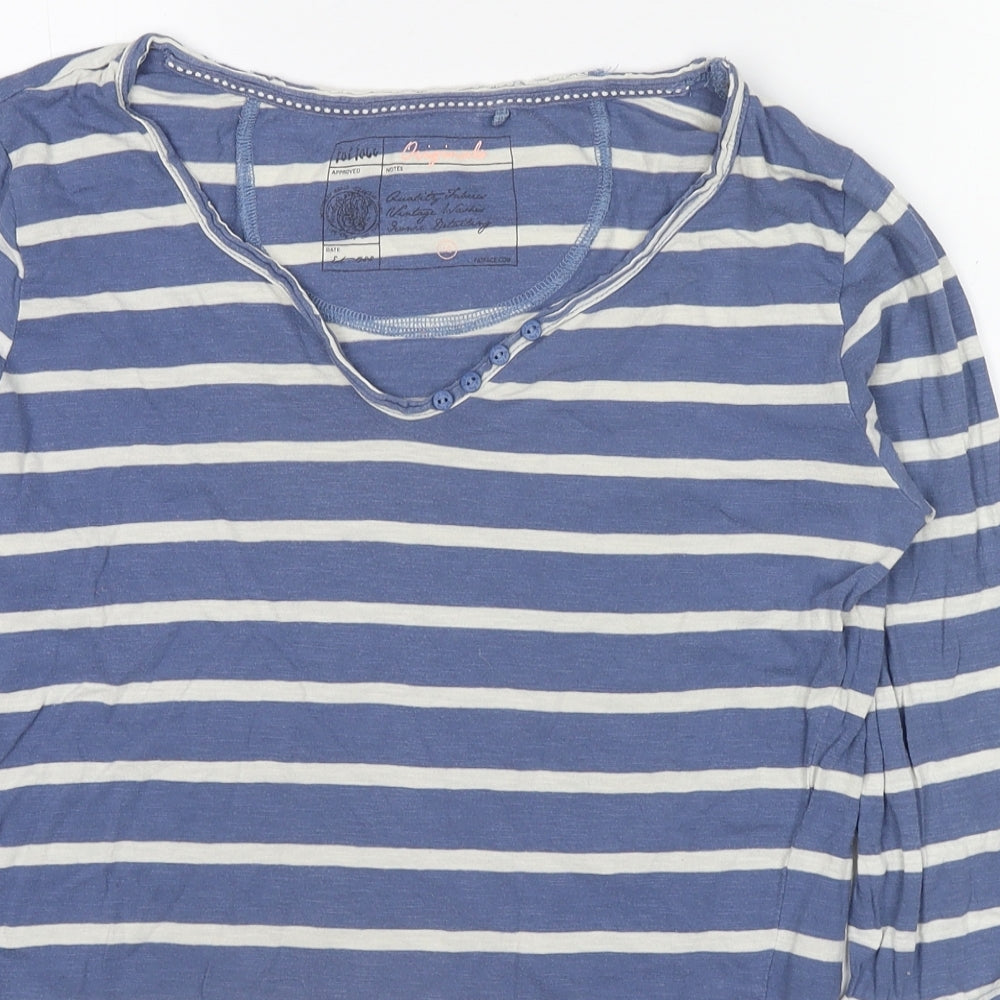 Fat Face Womens Blue Striped Cotton Basic Blouse Size 12 V-Neck