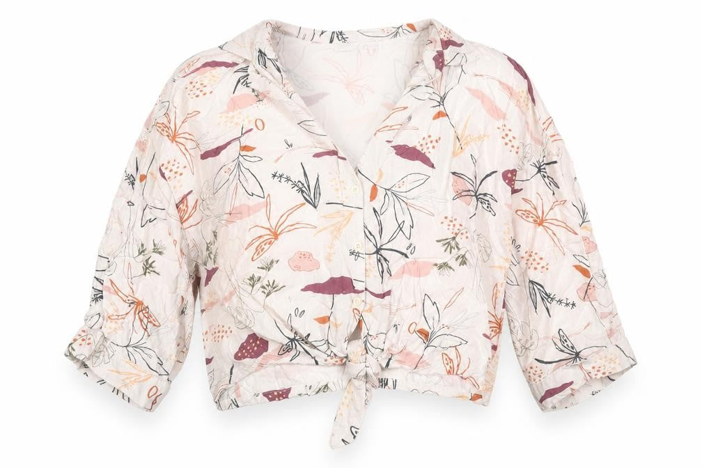 Pull&Bear Womens Ivory Geometric Viscose Cropped Button-Up Size S Collared