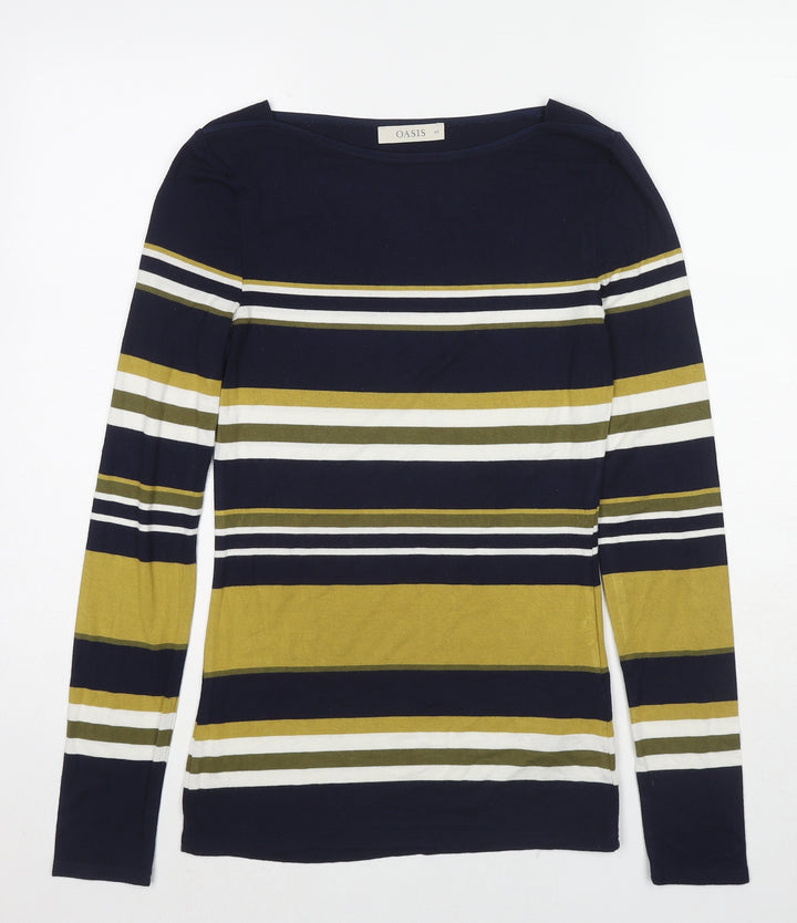 Oasis Womens Multicoloured Striped Viscose Basic T-Shirt Size XS Boat Neck