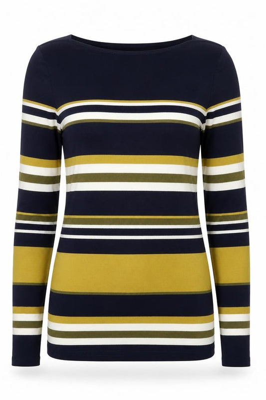 Front view of Oasis women’s multicoloured striped viscose basic t-shirt, size XS, boat neck