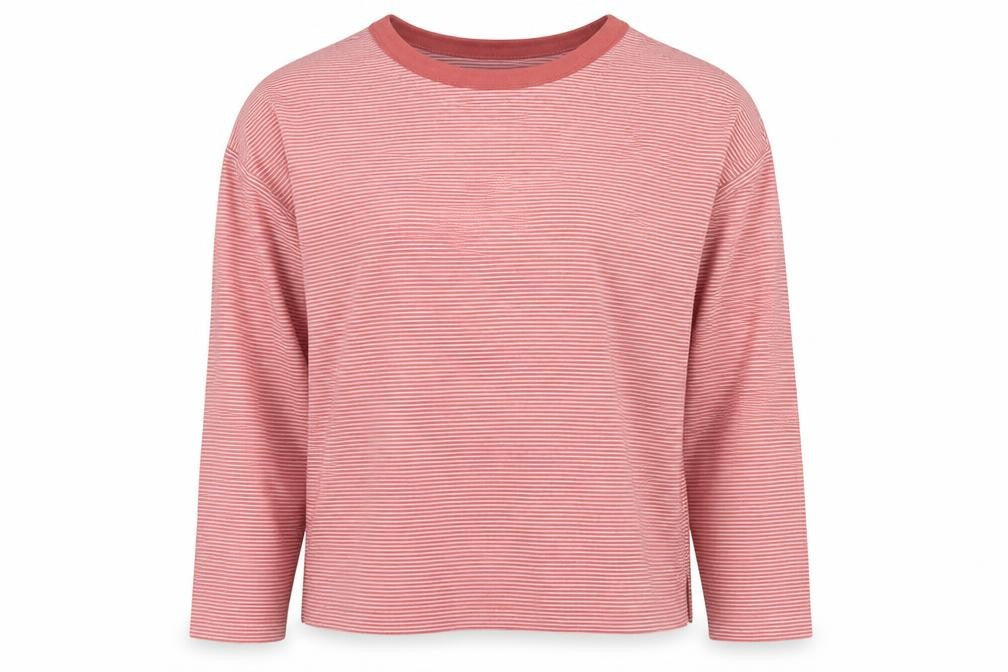 Front view of Marks & Spencer women’s red striped polyester pullover sweatshirt, size UK 10, pullover