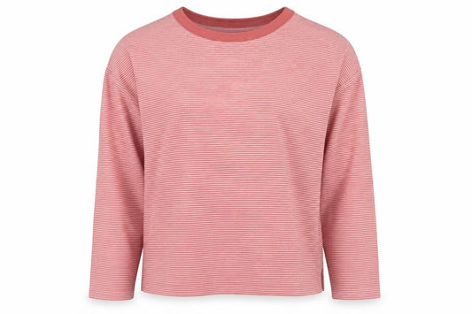 Front view of Marks & Spencer women’s red striped polyester pullover sweatshirt, size UK 10, pullover