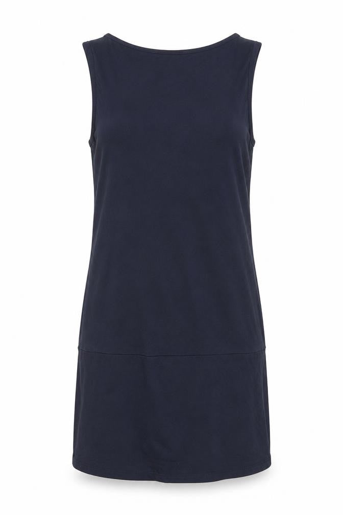 Front view of VILA women’s blue viscose tank dress, size M, round neck pullover