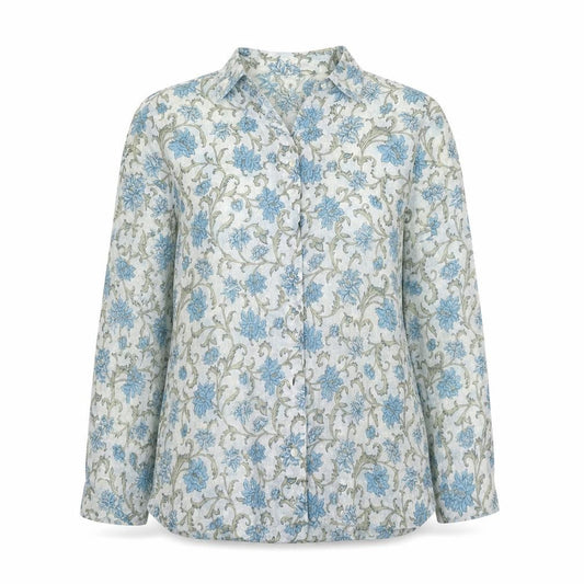 Front view of People Tree women’s blue floral polyester basic button-up, size M, collared