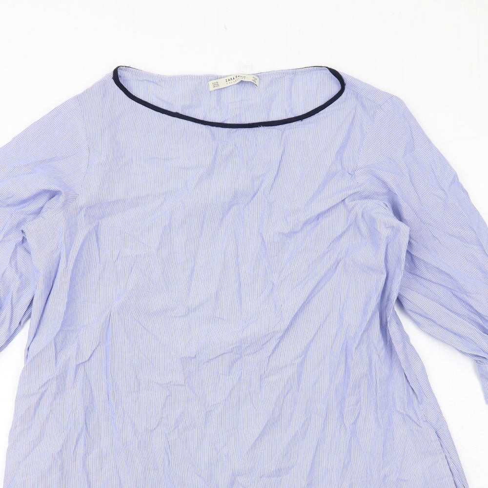 Zara Womens Blue Striped Cotton A-Line Size XL Round Neck Pullover