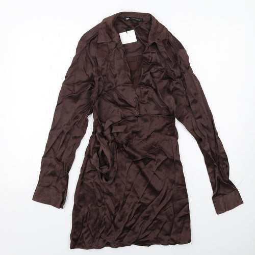Zara Womens Brown Viscose Shirt Dress Size XS Collared Button