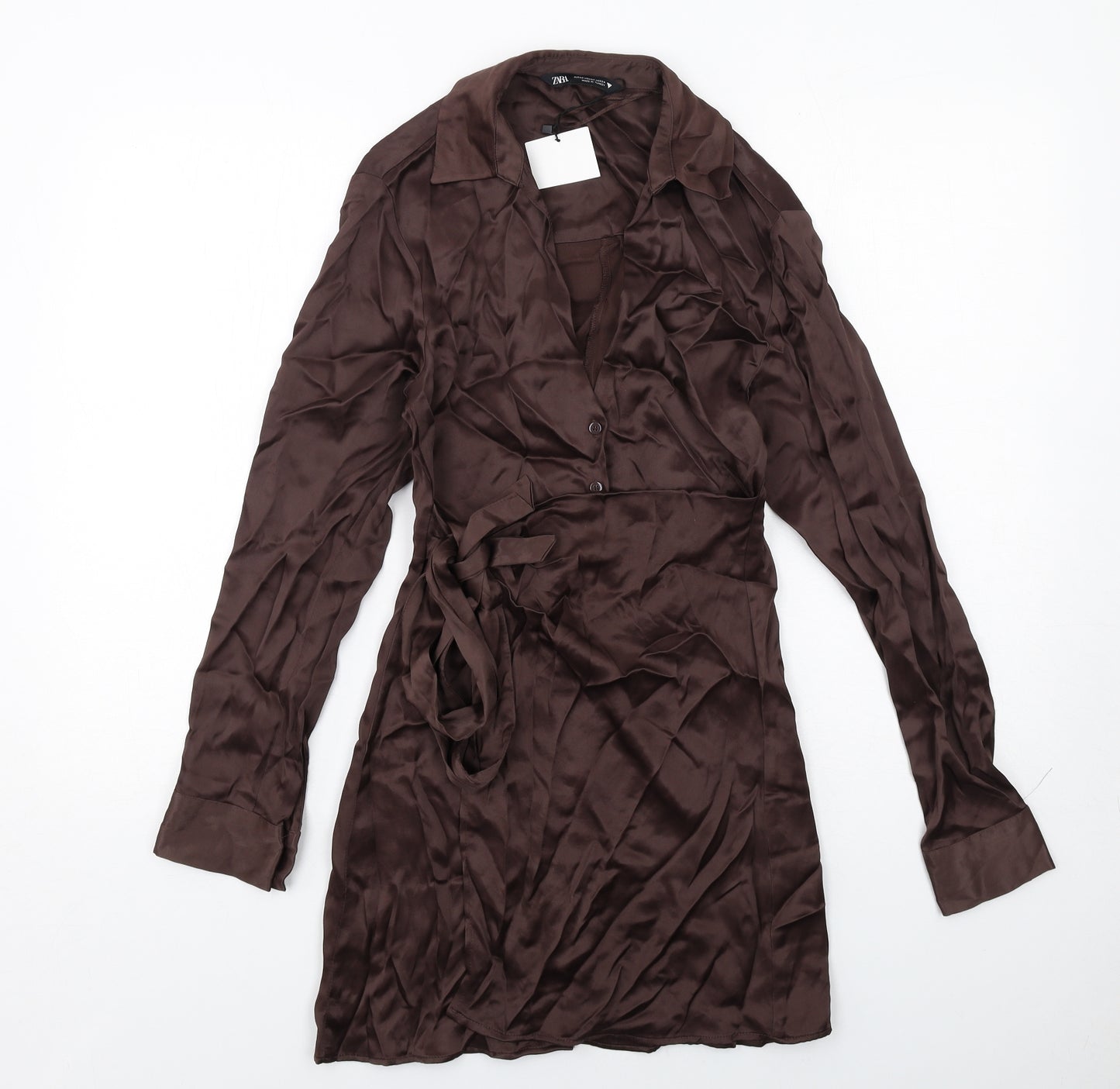 Zara Womens Brown Viscose Shirt Dress Size XS Collared Button