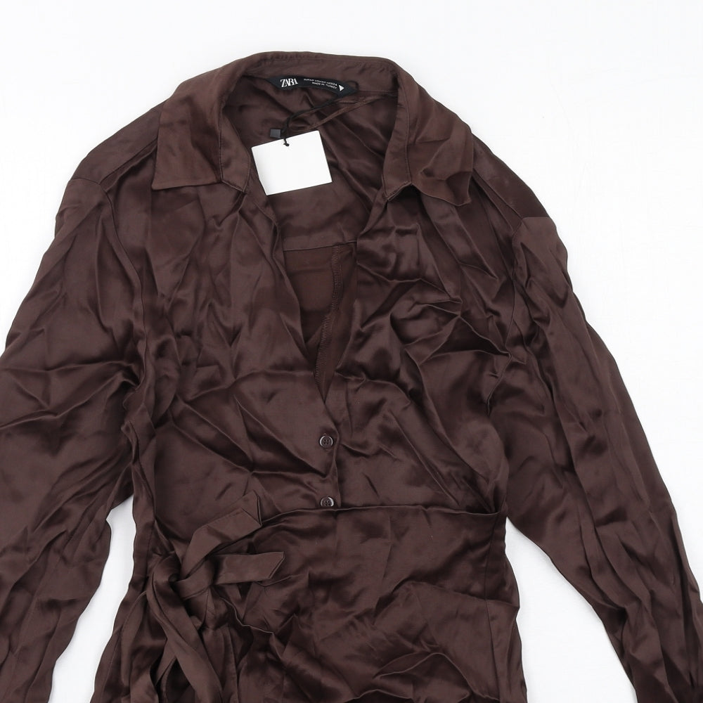 Zara Womens Brown Viscose Shirt Dress Size XS Collared Button
