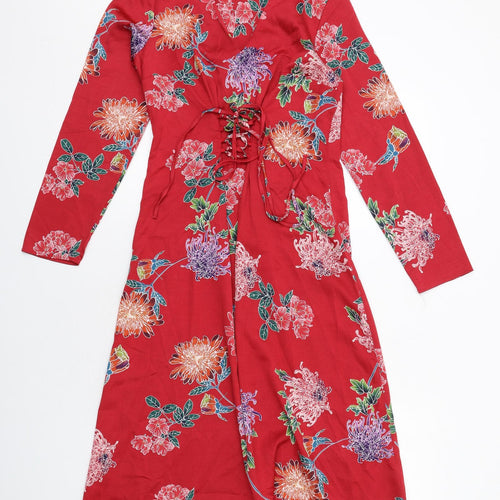 Limited Edition Womens Red Floral Polyester A-Line Size 8 V-Neck Pullover