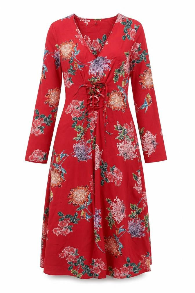 Front view of Limited Edition women’s red floral polyester a-line, size UK 8, v-neck pullover