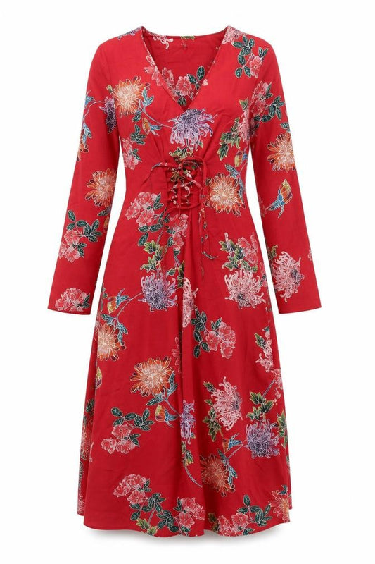 Front view of Limited Edition women’s red floral polyester a-line, size UK 8, v-neck pullover