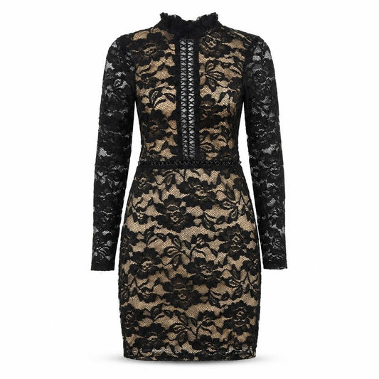Front view of PRETTYLITTLETHING women’s black polyester shift, size UK 10, mock neck zip - open back