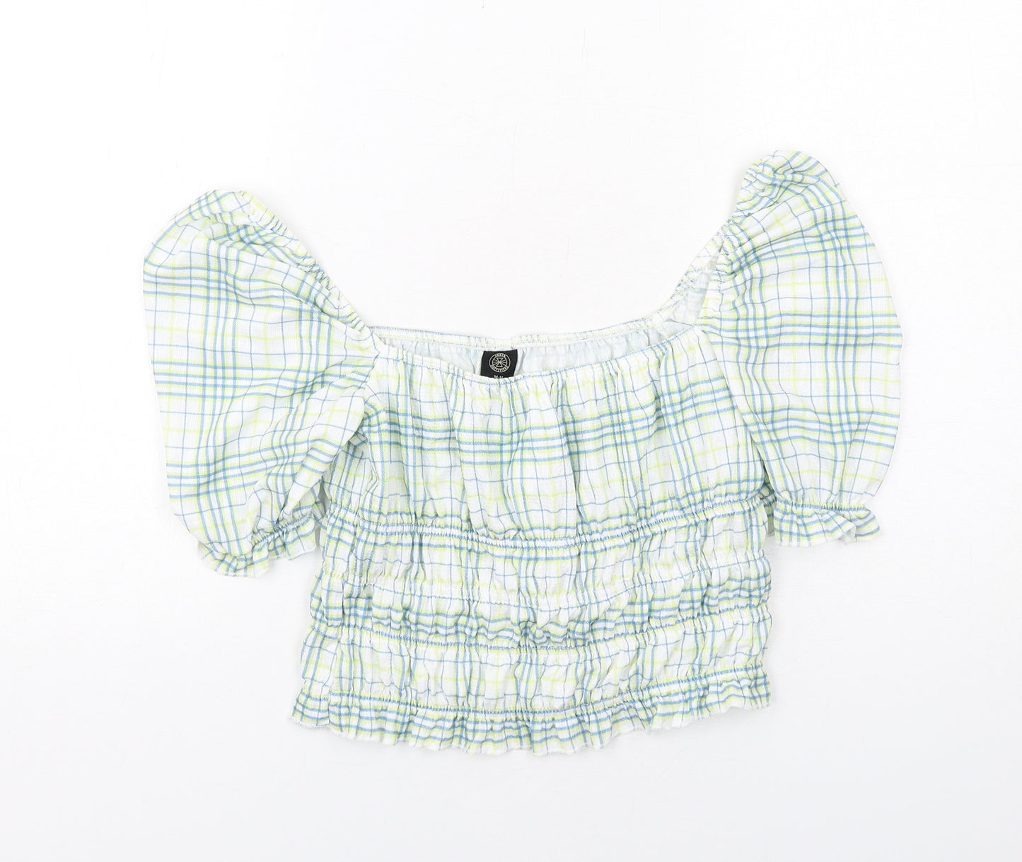 Urban Outfitters Womens Multicoloured Plaid Polyester Cropped Blouse Size M Square Neck - Puff Sleeve