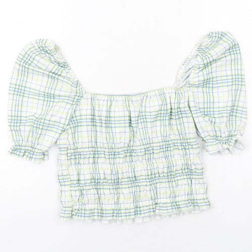 Urban Outfitters Womens Multicoloured Plaid Polyester Cropped Blouse Size M Square Neck - Puff Sleeve