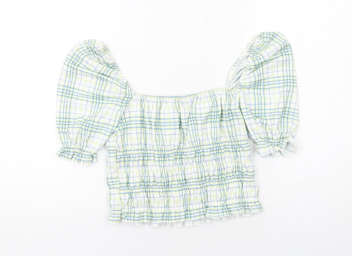 Urban Outfitters Womens Multicoloured Plaid Polyester Cropped Blouse Size M Square Neck - Puff Sleeve