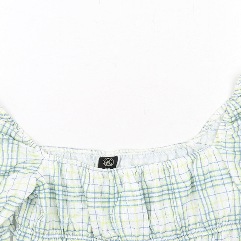 Urban Outfitters Womens Multicoloured Plaid Polyester Cropped Blouse Size M Square Neck - Puff Sleeve