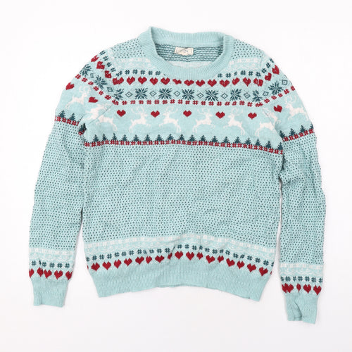 Fat Face Womens Blue Round Neck Fair Isle Cotton Pullover Jumper Size 12 - Reindeer Christmas