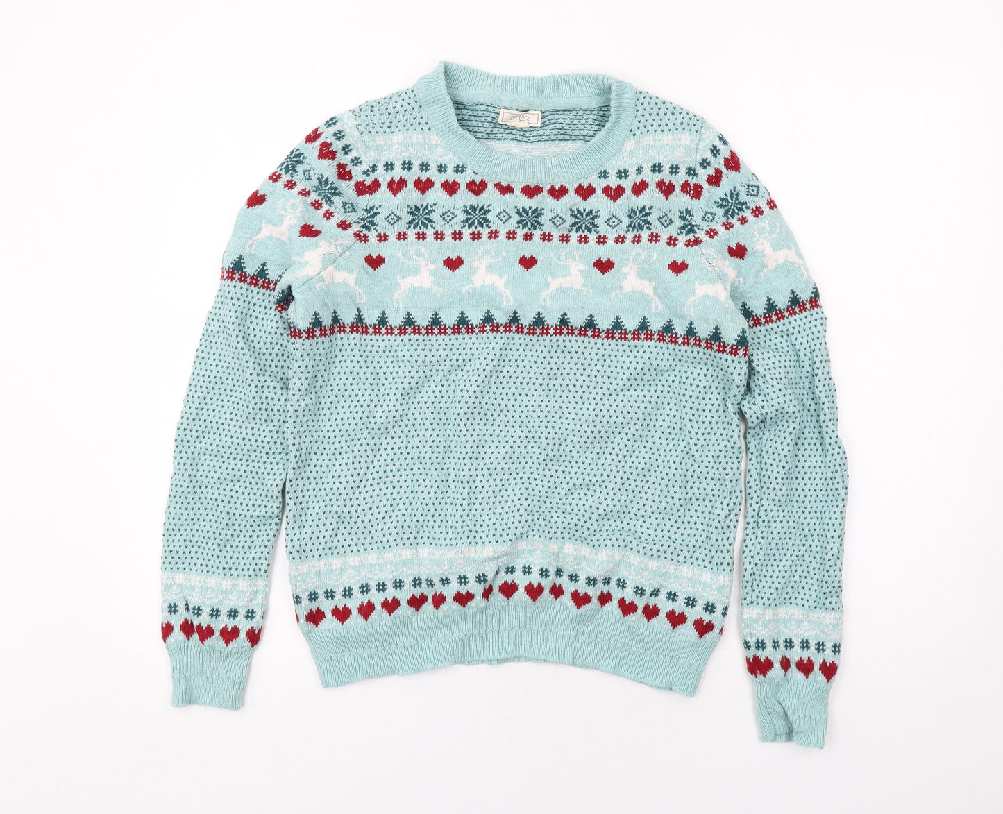 Fat Face Womens Blue Round Neck Fair Isle Cotton Pullover Jumper Size 12 - Reindeer Christmas