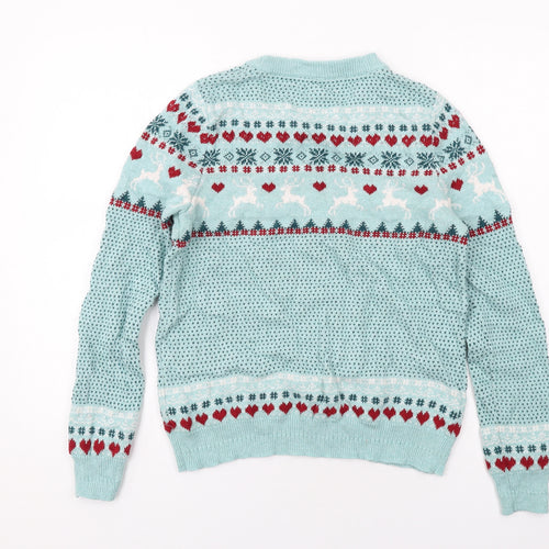 Fat Face Womens Blue Round Neck Fair Isle Cotton Pullover Jumper Size 12 - Reindeer Christmas