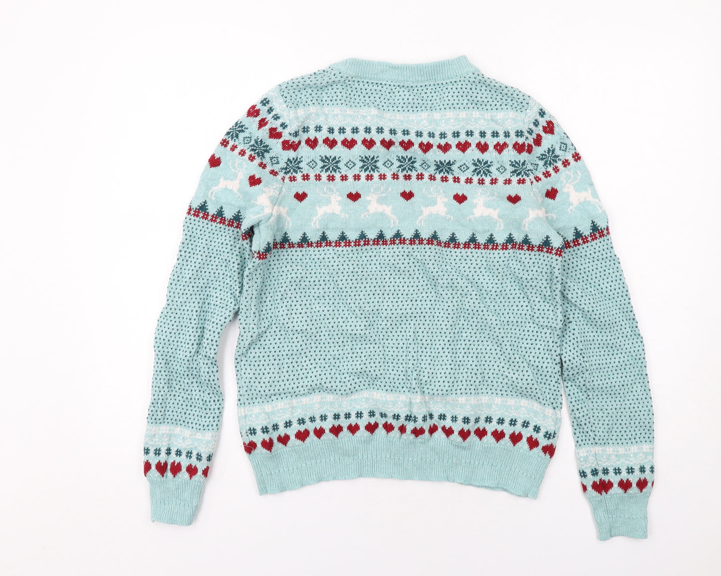 Fat Face Womens Blue Round Neck Fair Isle Cotton Pullover Jumper Size 12 - Reindeer Christmas