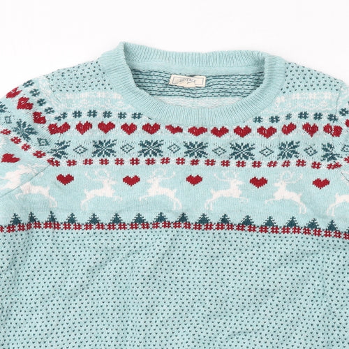 Fat Face Womens Blue Round Neck Fair Isle Cotton Pullover Jumper Size 12 - Reindeer Christmas