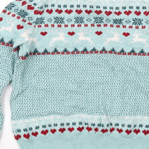 Fat Face Womens Blue Round Neck Fair Isle Cotton Pullover Jumper Size 12 - Reindeer Christmas