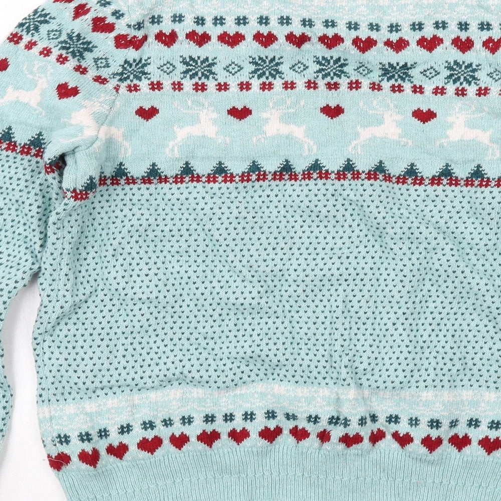 Fat Face Womens Blue Round Neck Fair Isle Cotton Pullover Jumper Size 12 - Reindeer Christmas