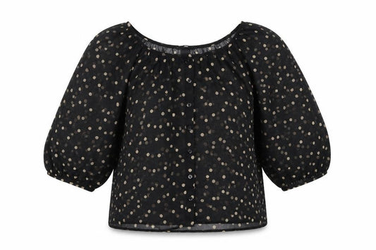 Front view of H&M women’s black polka dot polyester basic blouse, size UK 6, round neck
