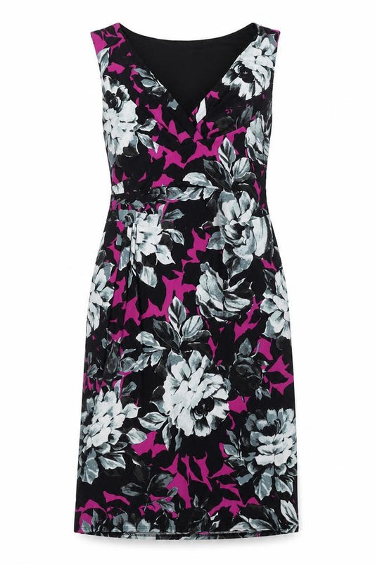 Front view of Phase Eight women’s multicoloured floral polyester shift, size UK 12, v-neck zip