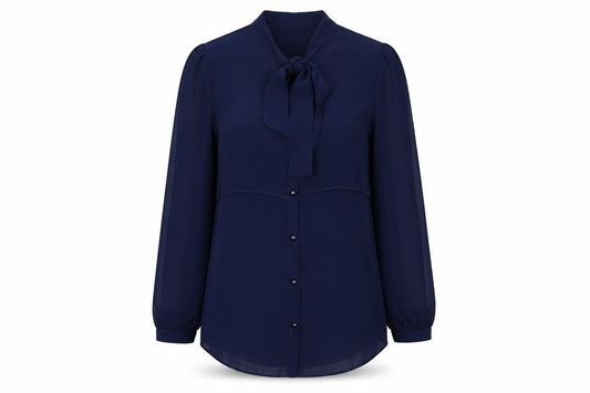 Front view of Boohoo women’s blue polyester basic button-up, size UK 8, v-neck