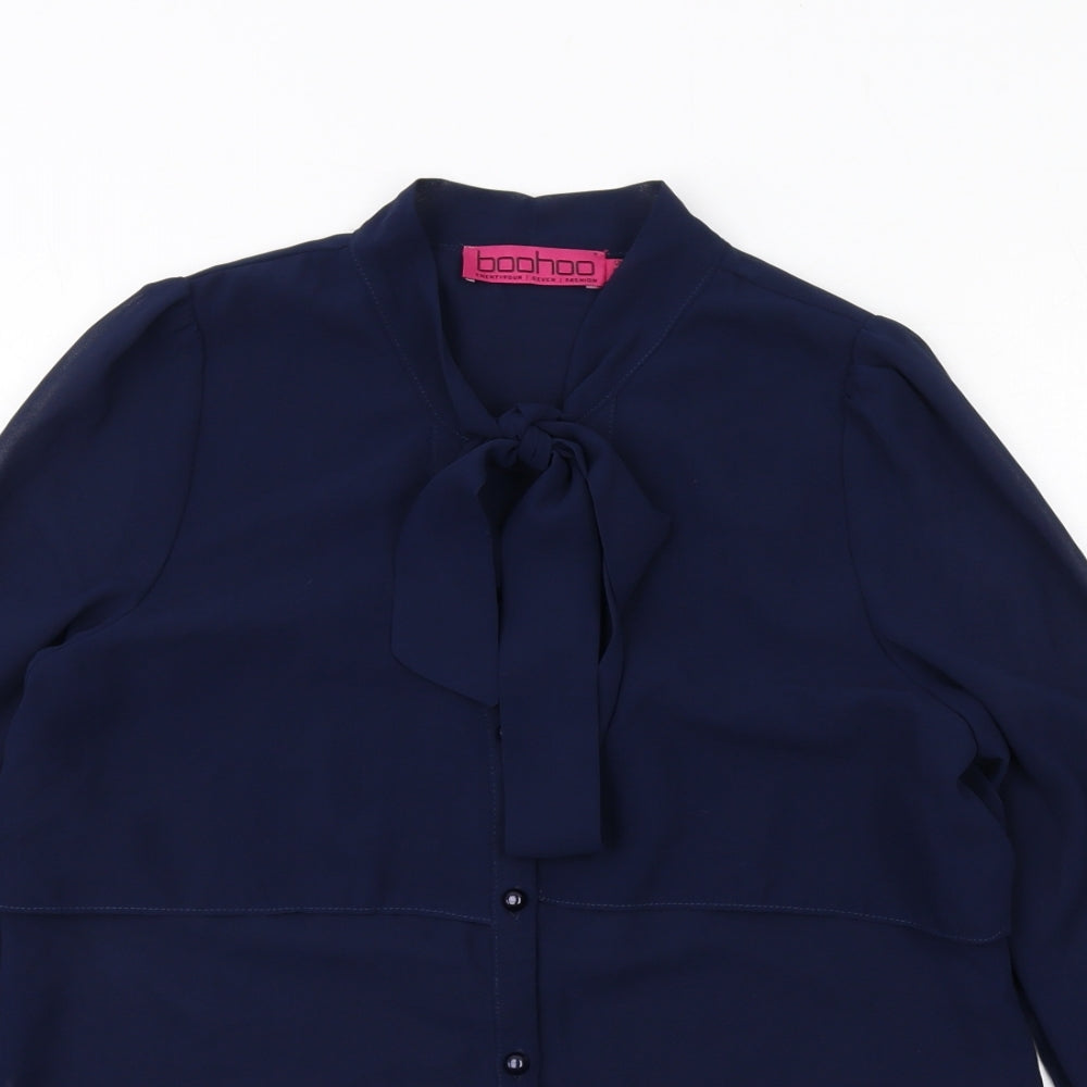 Boohoo Womens Blue Polyester Basic Button-Up Size 8 V-Neck