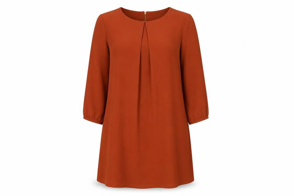 Front view of H&M women’s brown polyester a-line, size UK 6, round neck zip