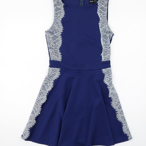 ASOS Womens Blue Polyester Skater Dress Size 12 Round Neck Zip - Lace Details