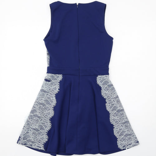 ASOS Womens Blue Polyester Skater Dress Size 12 Round Neck Zip - Lace Details