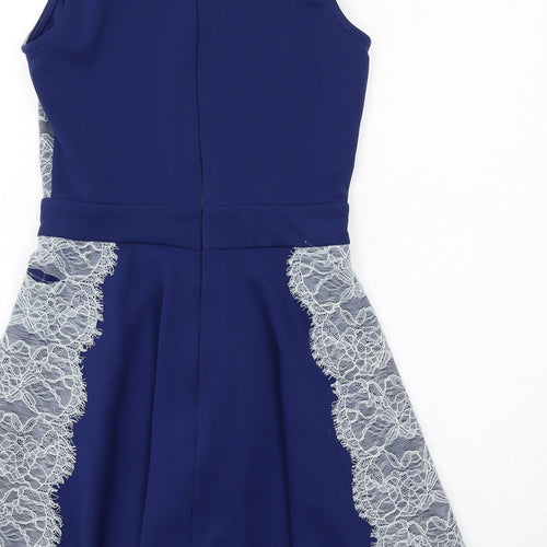 ASOS Womens Blue Polyester Skater Dress Size 12 Round Neck Zip - Lace Details