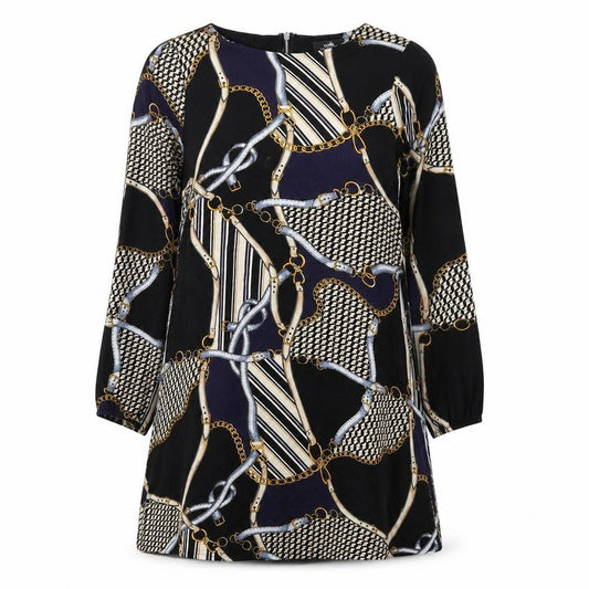 Front view of Wallis women’s multicoloured geometric viscose a-line, size UK 14, round neck zip