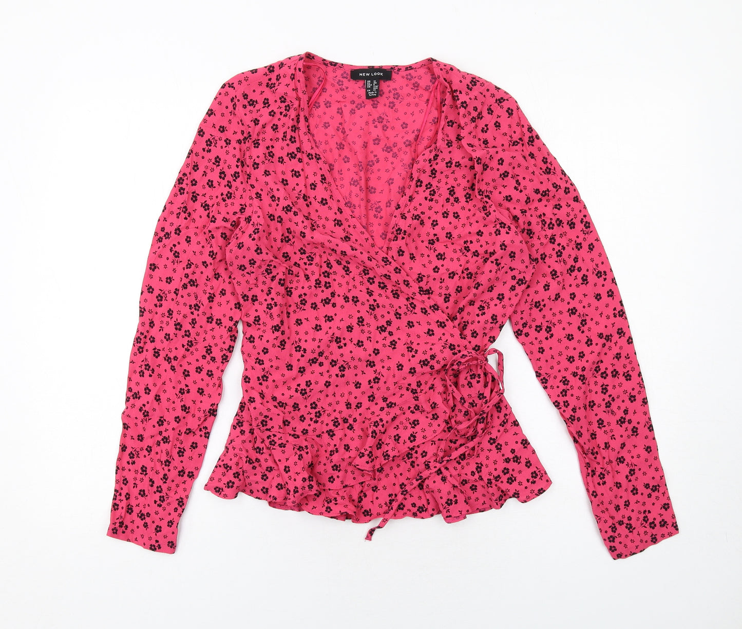New Look Womens Pink Floral Viscose Wrap Blouse Size 12 V-Neck