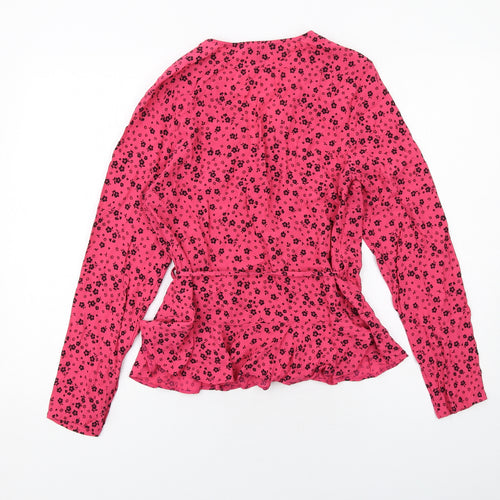 New Look Womens Pink Floral Viscose Wrap Blouse Size 12 V-Neck