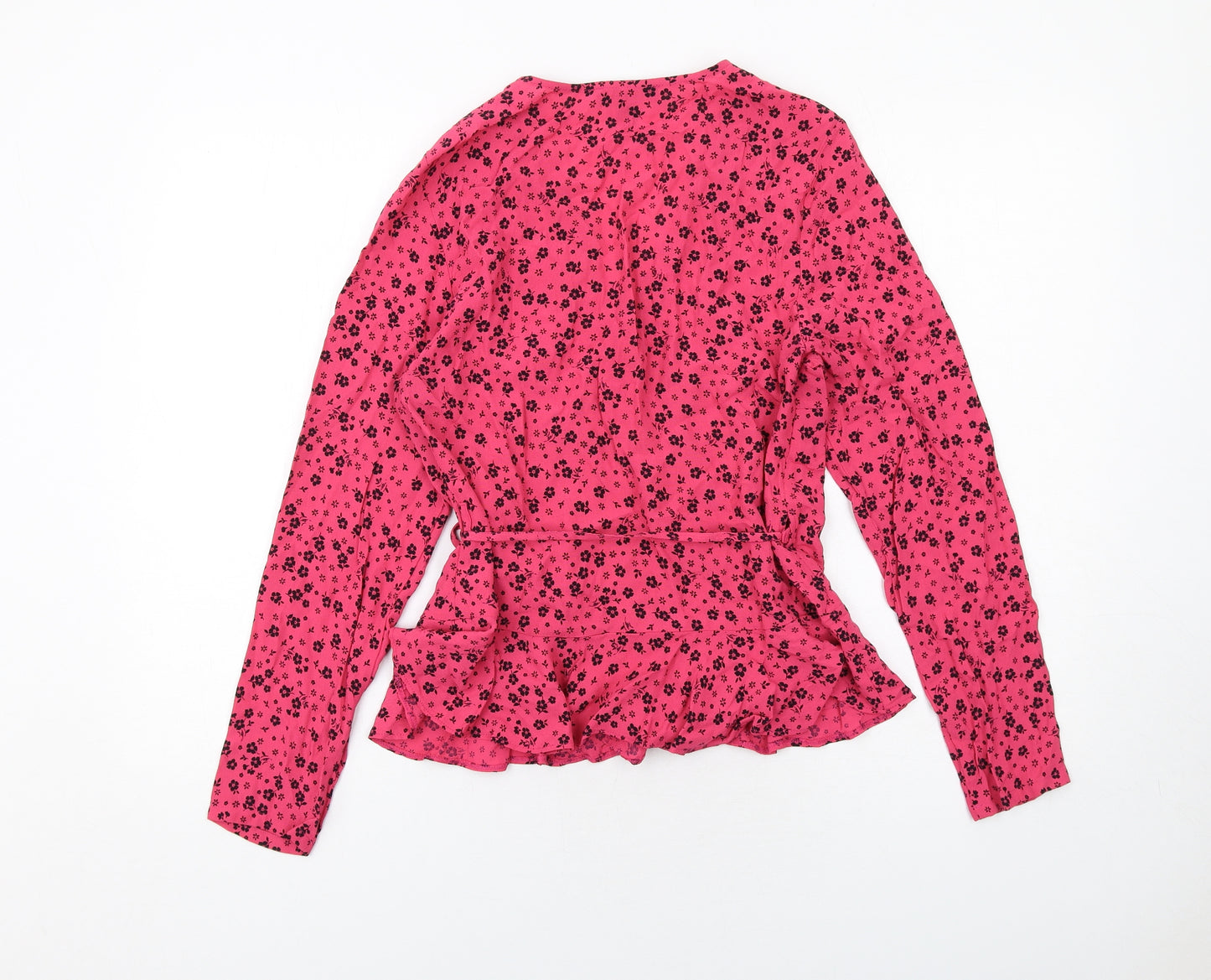New Look Womens Pink Floral Viscose Wrap Blouse Size 12 V-Neck