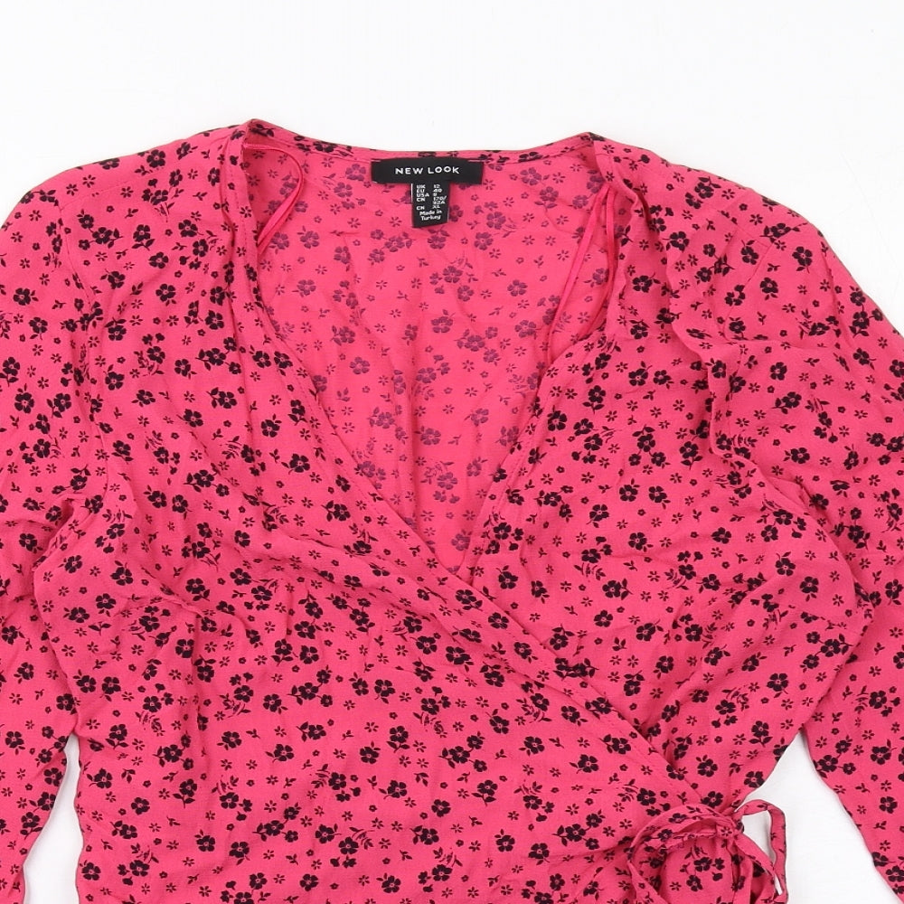 New Look Womens Pink Floral Viscose Wrap Blouse Size 12 V-Neck