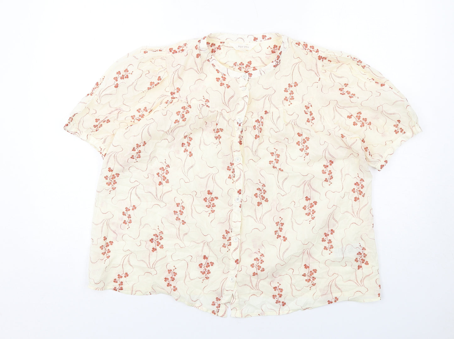 Per Una Womens Ivory Floral Cotton Basic Button-Up Size 14 Round Neck