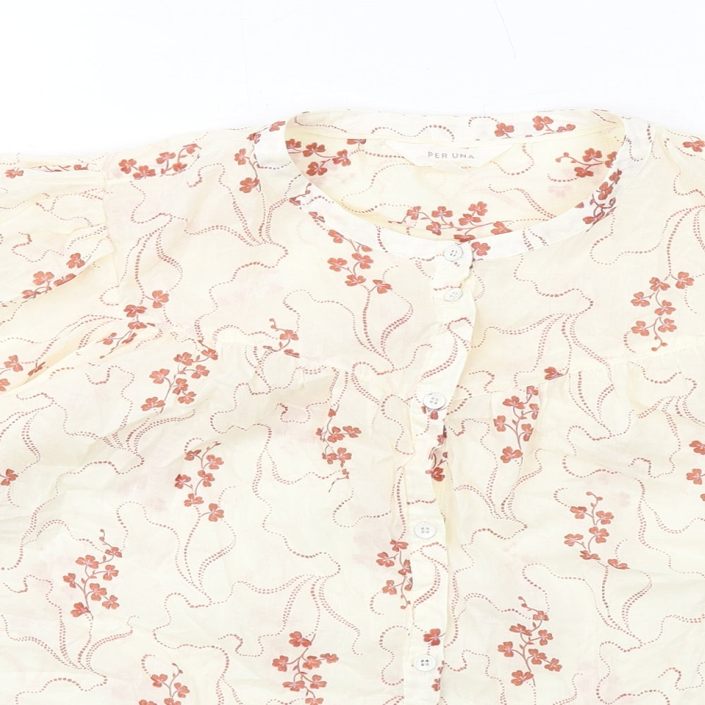 Per Una Womens Ivory Floral Cotton Basic Button-Up Size 14 Round Neck