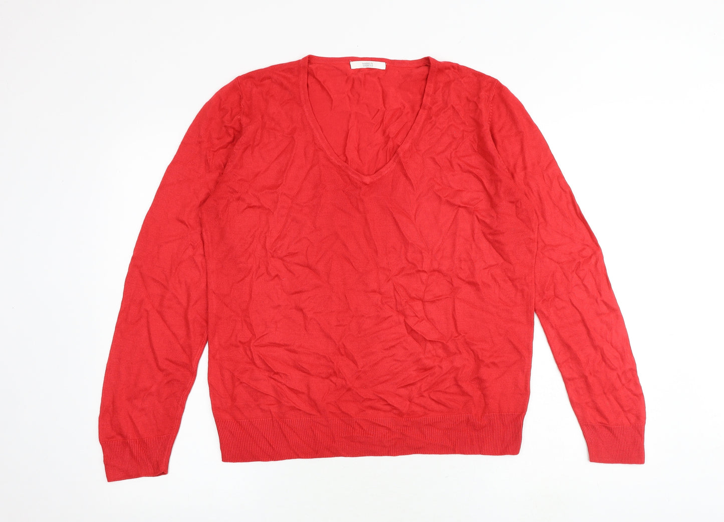 Marks and Spencer Womens Red V-Neck Acrylic Pullover Jumper Size 14