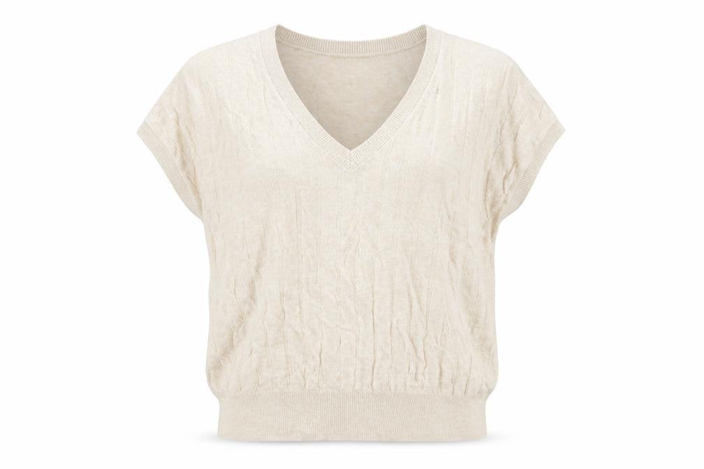 Front view of Marks & Spencer women’s beige v-neck viscose jumper, size L, pullover