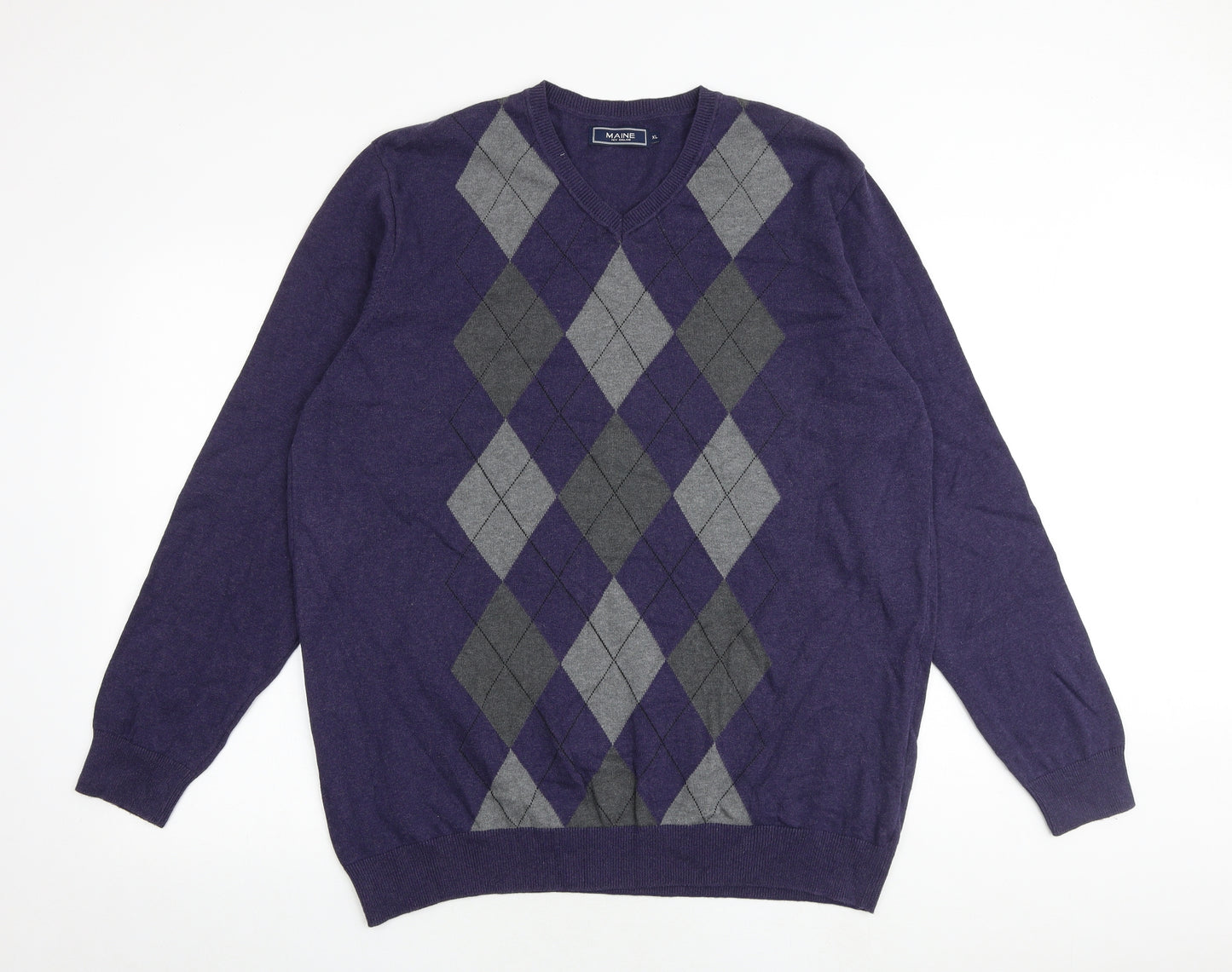 Maine Mens Blue Round Neck Argyle/Diamond Cotton Pullover Jumper Size XL Long Sleeve