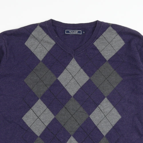 Maine Mens Blue Round Neck Argyle/Diamond Cotton Pullover Jumper Size XL Long Sleeve