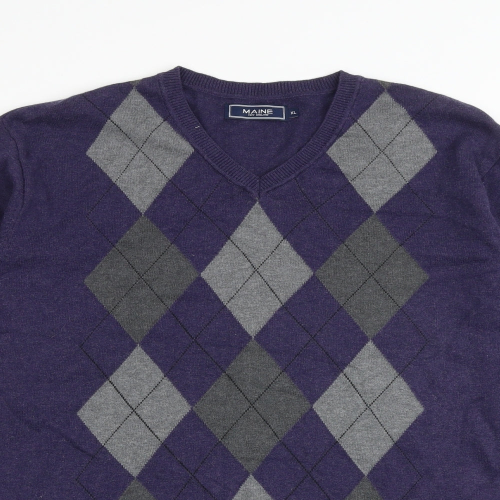 Maine Mens Blue Round Neck Argyle/Diamond Cotton Pullover Jumper Size XL Long Sleeve