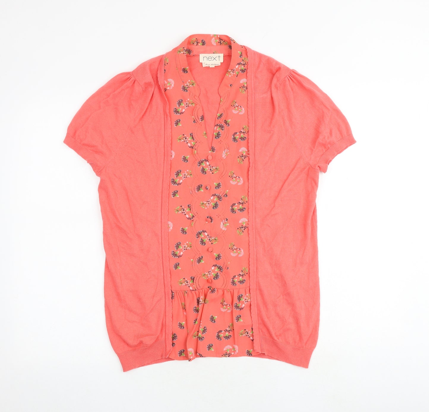 NEXT Womens Pink Floral Cotton Basic Blouse Size 16 V-Neck - Mock Cardigan Top
